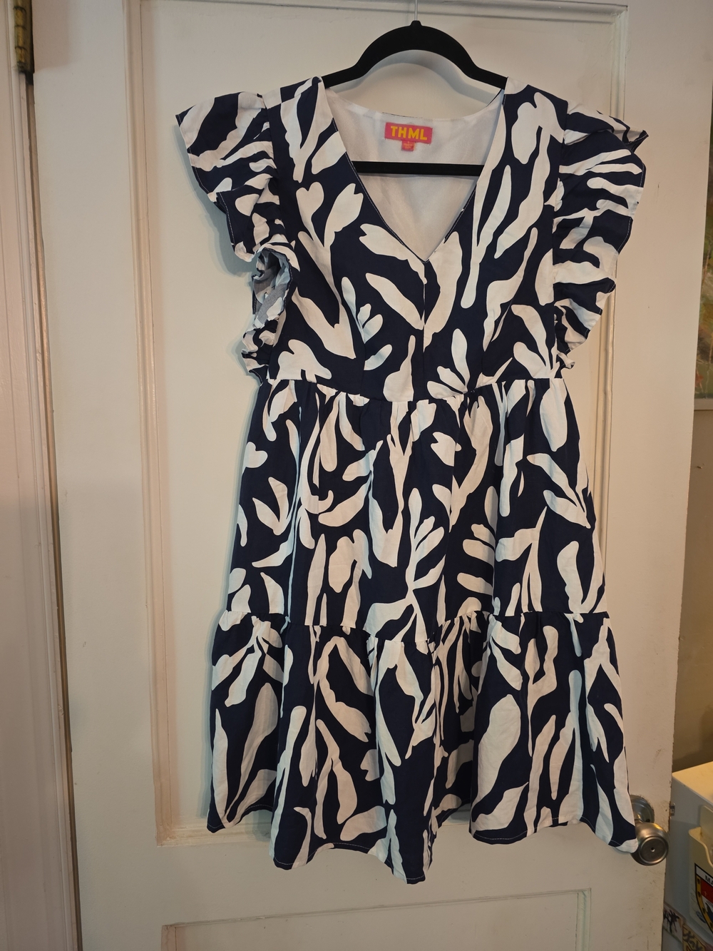 THML Navy & White Ruffle Sleeve V-Neck Dress